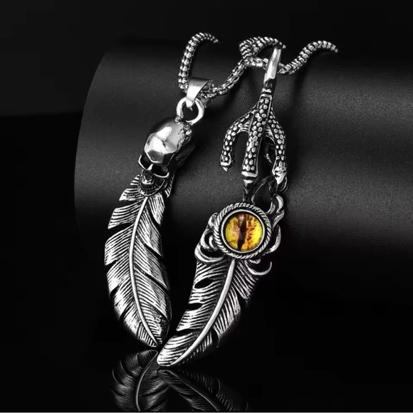 Moon Goddess Emporium Other - 2 Pc Platinum Feathers W/ Skull & Eagle Eye & Talon Punk Bohemian Necklace Set